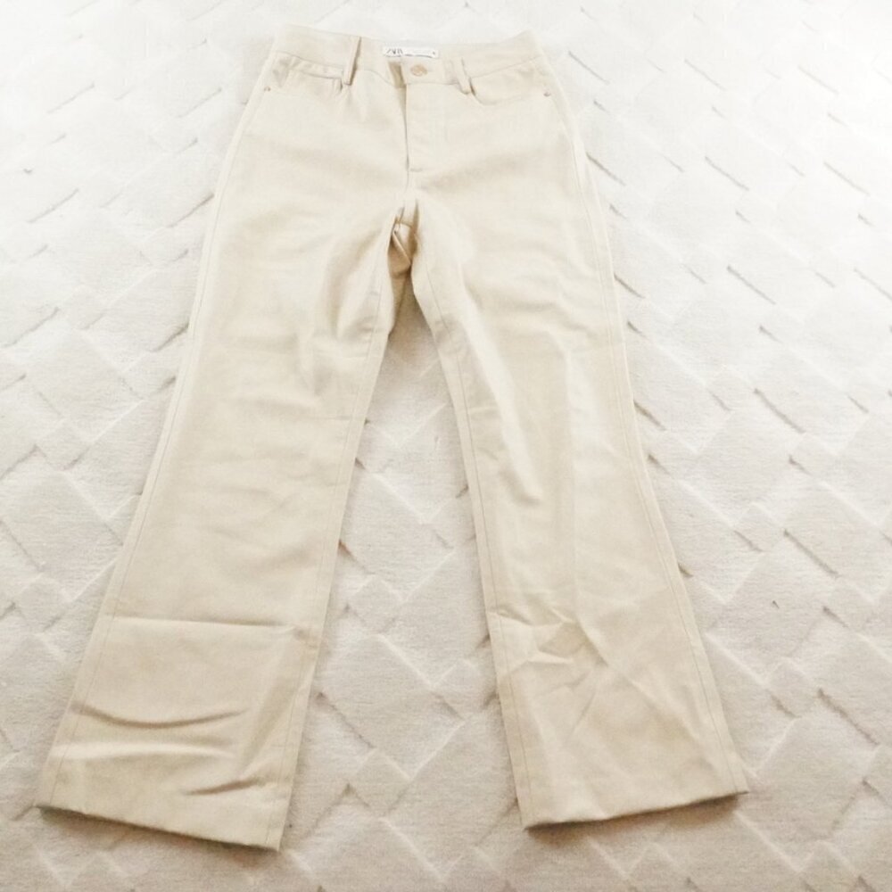 Zara Vegan Leather Flare Pants Womens 2 White Cream High Rise